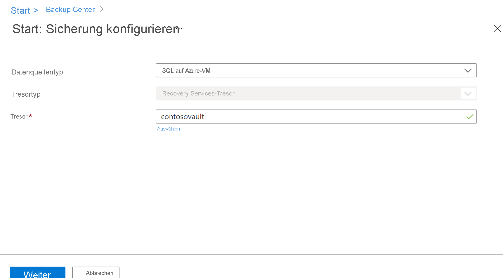 Screenshot zeigt, wie Sie die SQL-Datenbank als Datenquelle für die Sicherung auswählen.