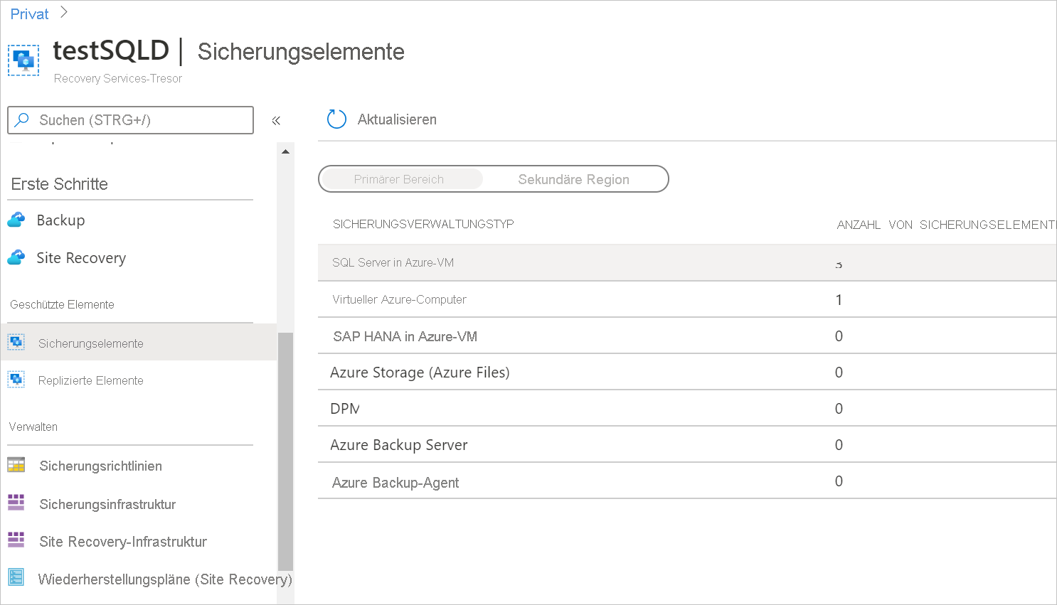 Screenshot zeigt, wie man gesicherte Datenbanken in Sicherungselementen anzeigen kann