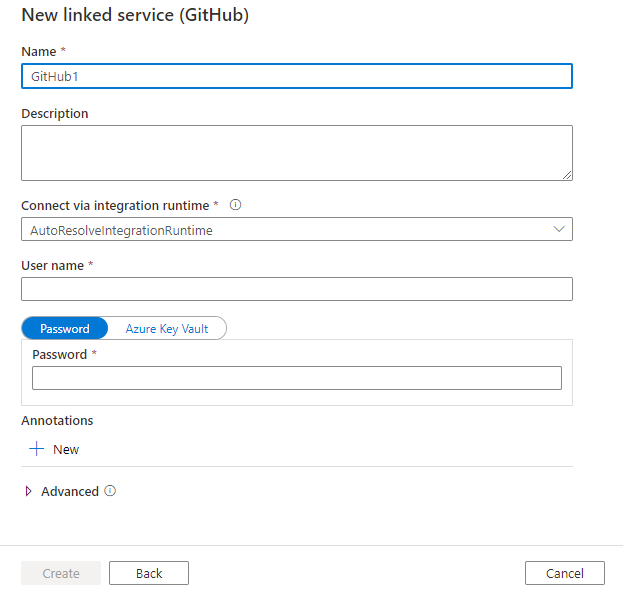 Screenshot der Konfiguration des verknüpften Diensts für GitHub.