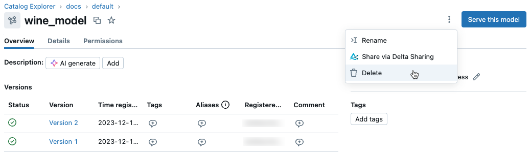 Kebab-Menü der Modellseite mit „Löschen“