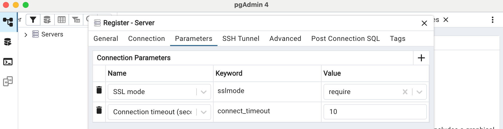 pgadmin Parameter-Registerkarte SSL