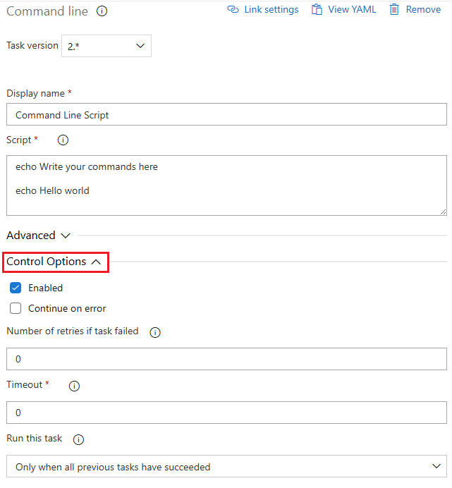 Screenshot der erweiterten Steuerelementoptionen für eine klassische Pipelineaufgabe.