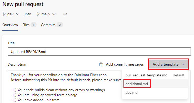 Zusätzliche Pullanforderungsvorlage