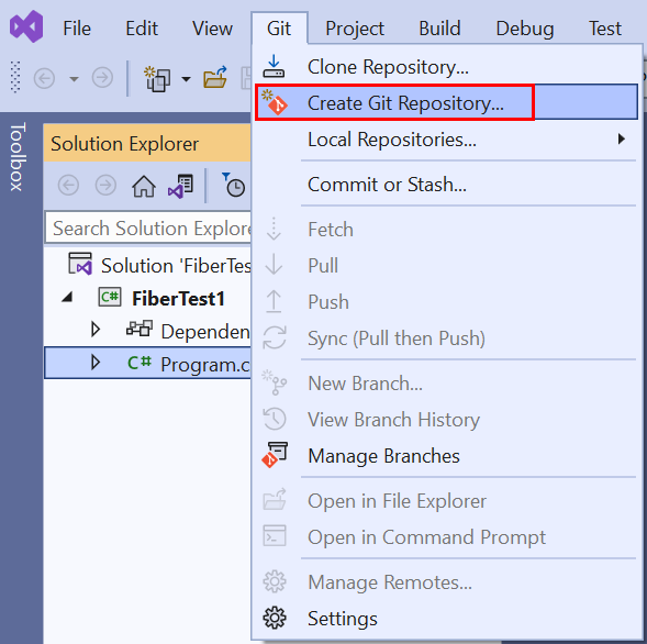 Screenshot der Option „Git-Repository erstellen“ im Git-Menü aus der Menüleiste von Visual Studio&nbsp;2022.