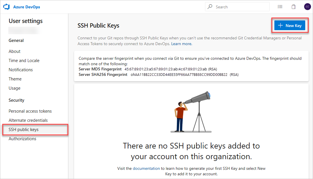 Screenshot mit Zugriff auf die Sicherheitskonfiguration in Azure DevOps.
