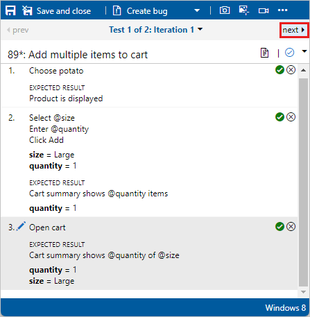 Der Screenshot zeigt den Übergang zur nächsten Iteration des Tests.