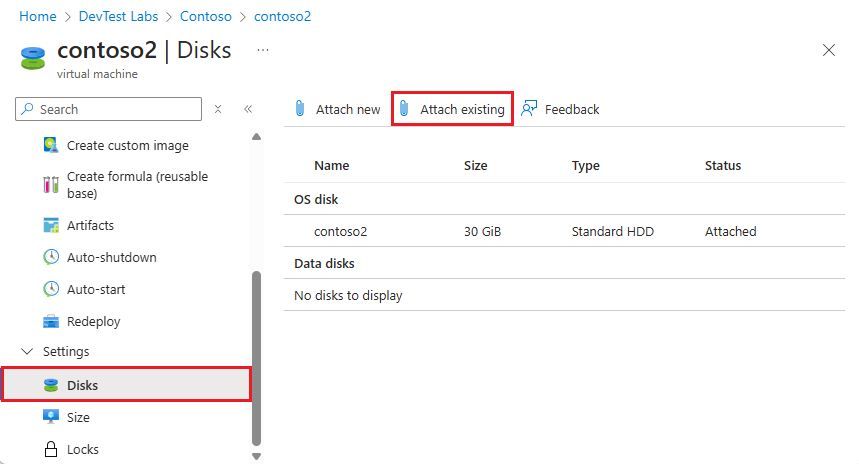 Screenshot: „Vorhandene anfügen“ auf der Seite „Datenträger“ der VM.