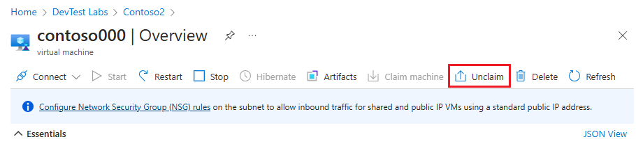 Screenshot: „Anspruch aufheben“ auf der Übersichtsseite der VM.