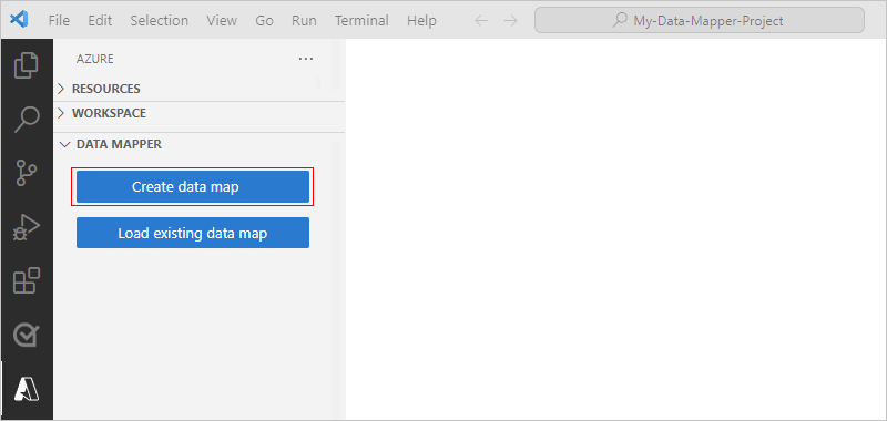 Screenshot zeigt Visual Studio Code mit Azure-Fenster und ausgewählter Schaltfläche zum Erstellen einer Datenzuordnung.