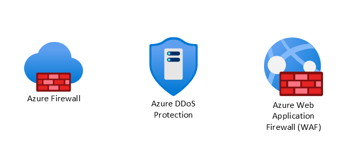 Screenshot der Symbole für Azure Firewall, Azure DDoS Protection und Azure Web Application Firewall.