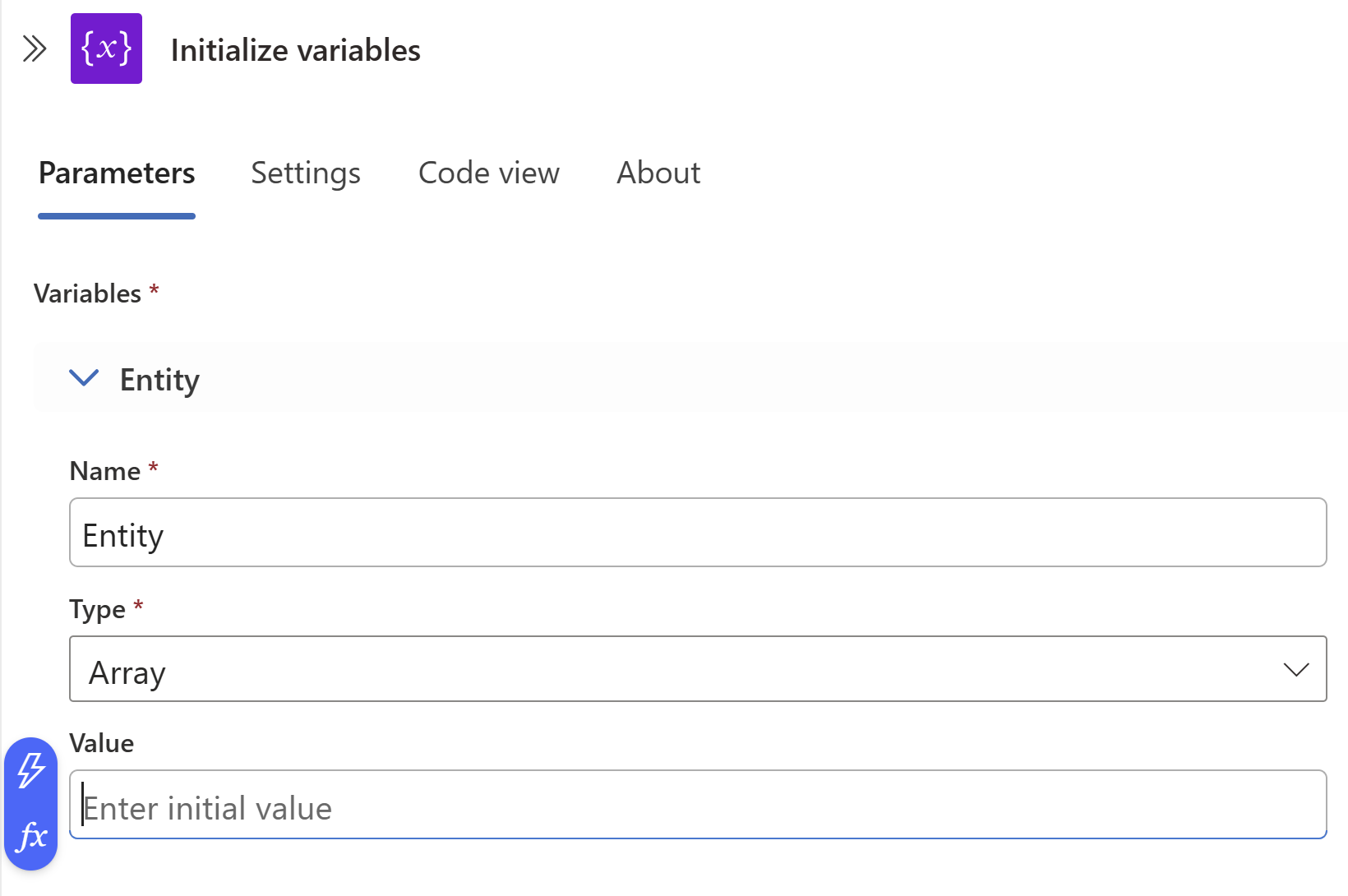 Screenshot der Initialisierung einer Variablen im Logik-App-Designer.