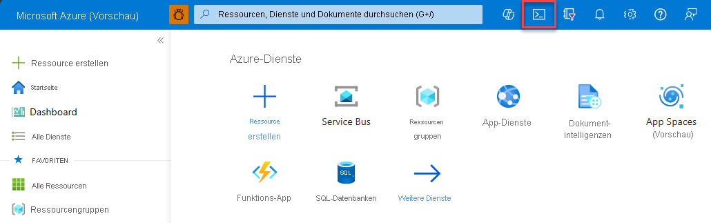 Ein Screenshot, der zeigt, wie man auf die Azure Developer CLI über Cloud Shell zugreift.