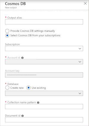 Screenshot: Informationsfelder für einen Azure Cosmos&nbsp;DB-Ausgabestream.
