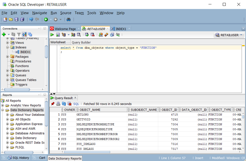 Screenshot: Abfragen einer Liste von Funktionen in Oracle SQL Developer