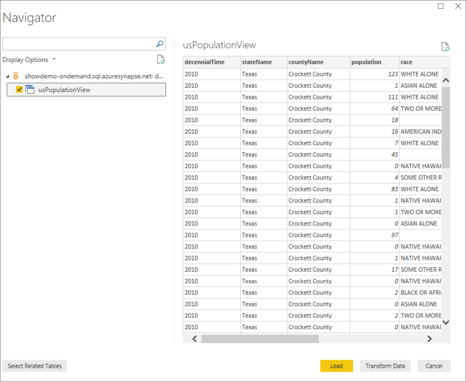 Wählen Sie eine Ansicht in der ausgewählten Datenbank aus.