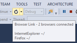 Screenshot von Visual Studio mit hervorgehobener Schaltfläche 'Aktualisieren', die das Überfahren mit der Maus anzeigt. Eine QuickInfo zeigt verbundene Browser an.