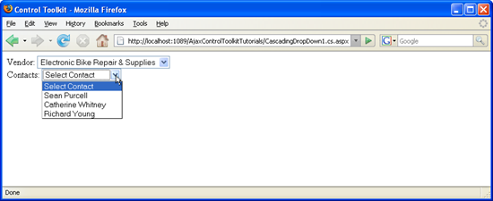 Die zweite Liste wird gemäß der Auswahl in der ersten Liste ausgefüllt.