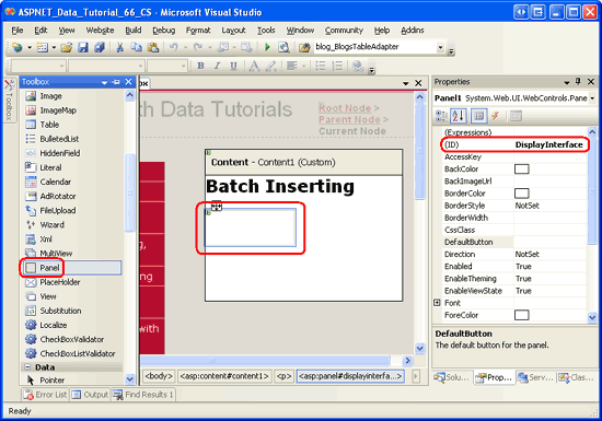 Ziehen Sie ein Bedienfeld aus der Toolbox auf den Designer