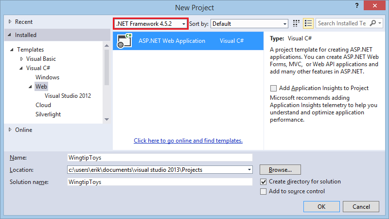 Projekt erstellen – Dialogfeld 