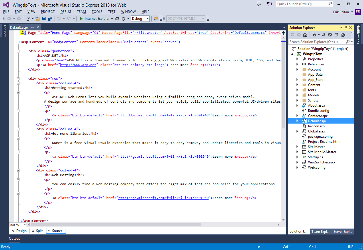 Screenshot des Microsoft Visual Studio Express 2013 für Webfensters, in dem die Default.aspx Seite angezeigt wird.