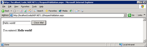 Screenshot, der das Ausführen dieses Codes zeigt, führt zu einer einfachen Seite, auf der Sie Text in das Textfeld eingeben, auf die Schaltfläche klicken und den Text im Beschriftungssteuerelement anzeigen können.