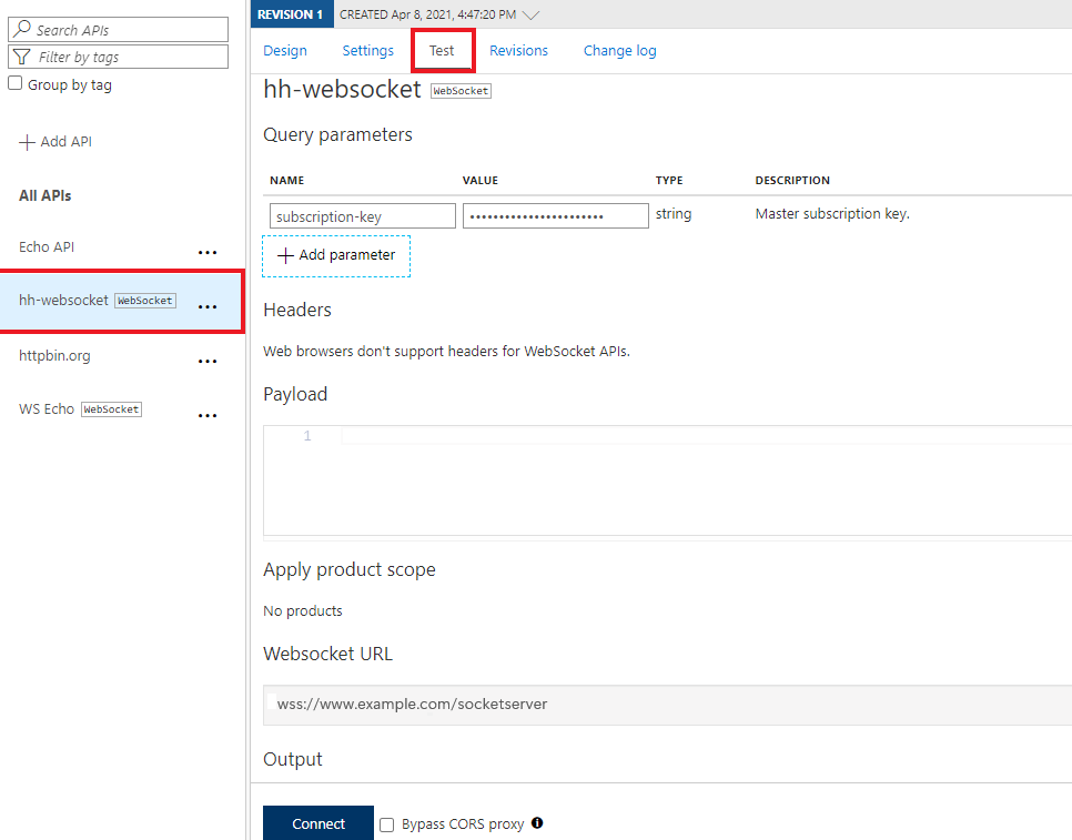 Screenshot der Testoptionen für die API.