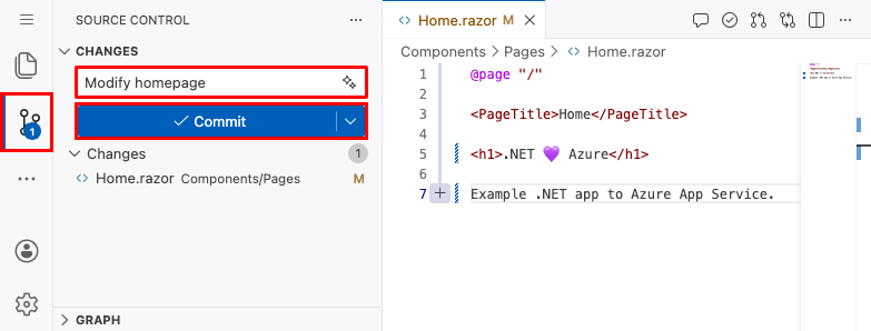 Screenshot von Visual Studio Code im Browser, Panel „Quellcodeverwaltung“ mit der Commitnachricht „We love Azure“ und der hervorgehobenen Schaltfläche „Commit und Push“.