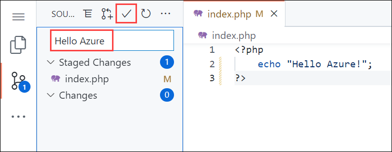 Screenshot von Visual Studio Code im Browser im Quellcodeverwaltungsbereich mit der Commitnachricht Hello Azure.