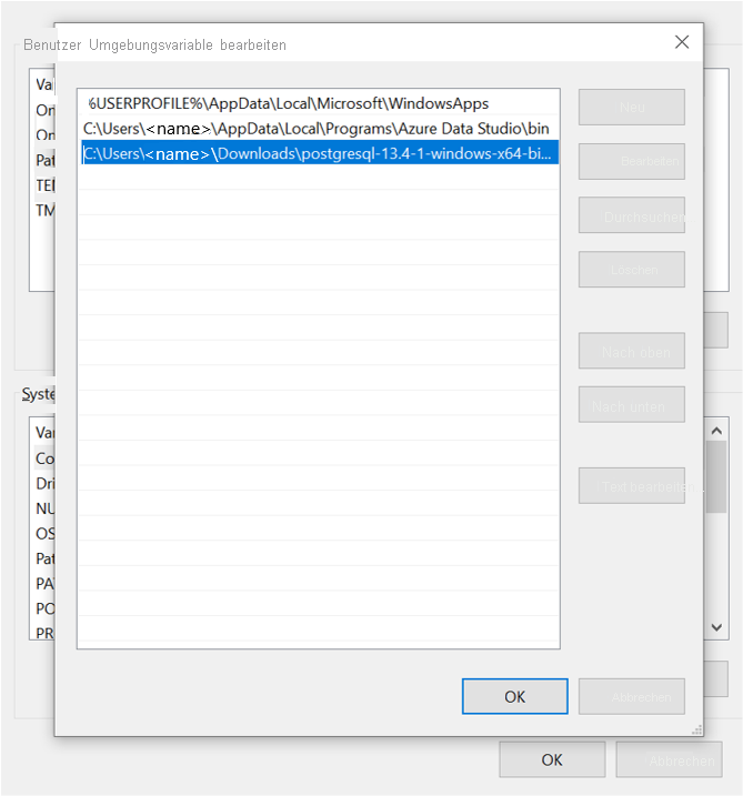 Screenshot der Umgebungsvariablen, die Sie festlegen müssen.