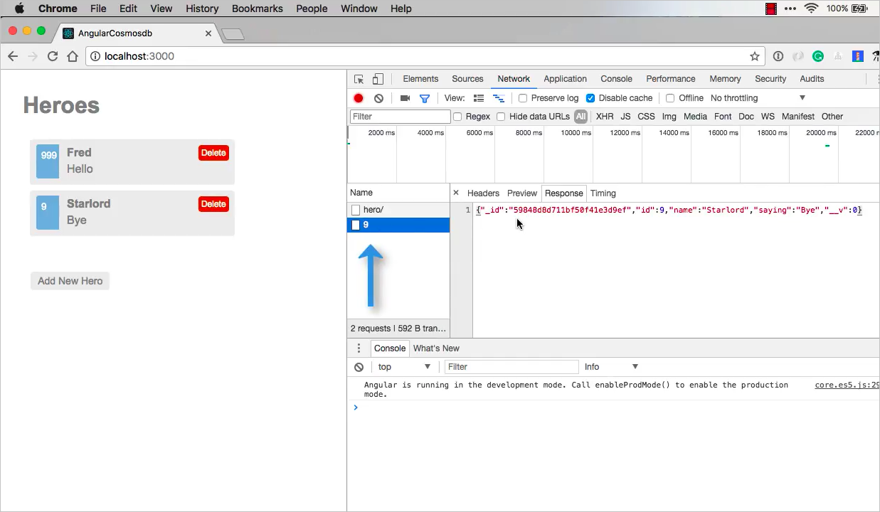Heroes-App und die Registerkarte 'Netzwerk', die das Datenpaket anzeigt