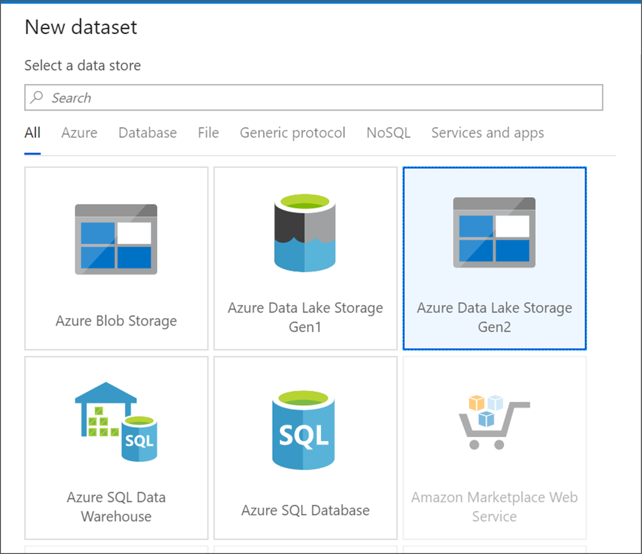 Screenshot, die angibt, wo sich die Azure Data Lake Storage Gen2 Kachel befindet.