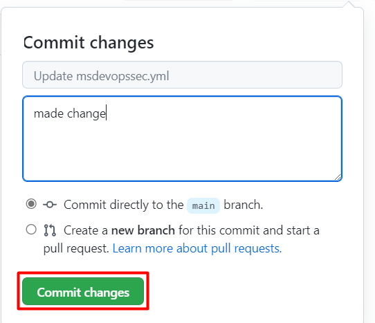 Screenshot, der zeigt, wo Commit-Änderungen auf der GitHub-Seite ausgewählt werden sollen.
