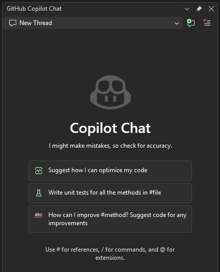 Der Screenshot, der das GitHub-Copilot-Chat-Fenster in Visual Studio 2026 zeigt.