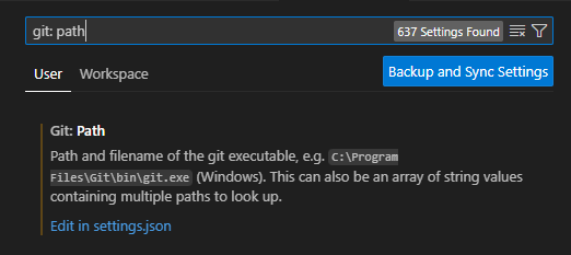 Screenshot der Suchleiste für den Git-Pfad in den Visual Studio Code-Einstellungen.