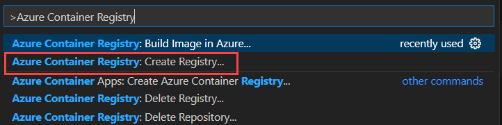 Screenshot, der zeigt, wie Sie nach der Aufgabe suchen, um eine neue Azure Container Registry-Instanz in Visual Studio Code zu erstellen.