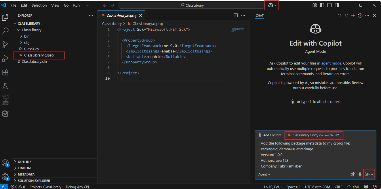 Screenshot zum Hinzufügen von Paketmetada mithilfe von GitHub Copilot in Visual Studio Code.