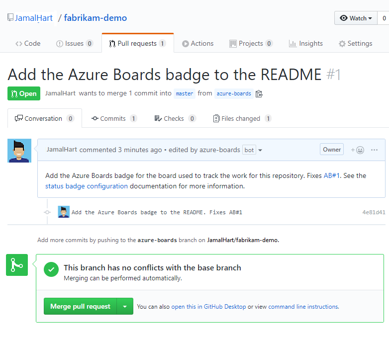 Screenshot zeigt die Beispiel-Pullanforderung in GitHub.