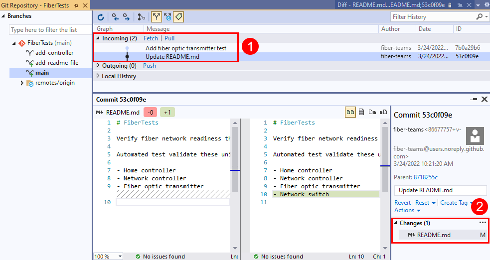 Screenshot des Git Repository-Menüs in Visual Studio 2019.