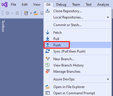 Screenshot der Pushoption aus dem Git-Menü in Visual Studio.