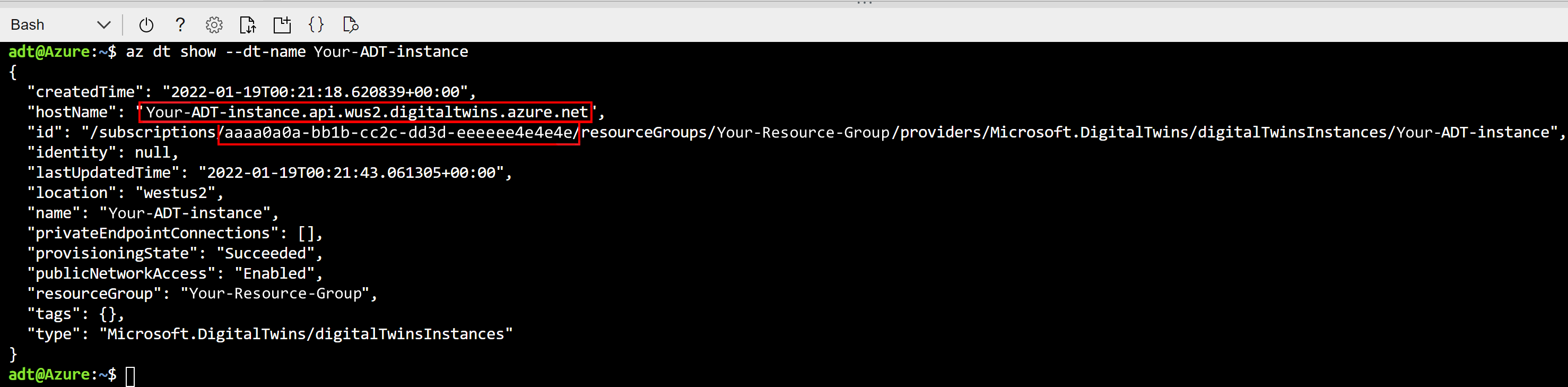 Screenshot des Cloud Shell-Browserfensters mit der Ausgabe des Az dt Show-Befehls. Das Feld 
