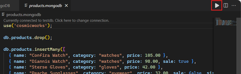 Screenshot: Schaltfläche „Alle ausführen“ in einem Playground für die MongoDB-Erweiterung.