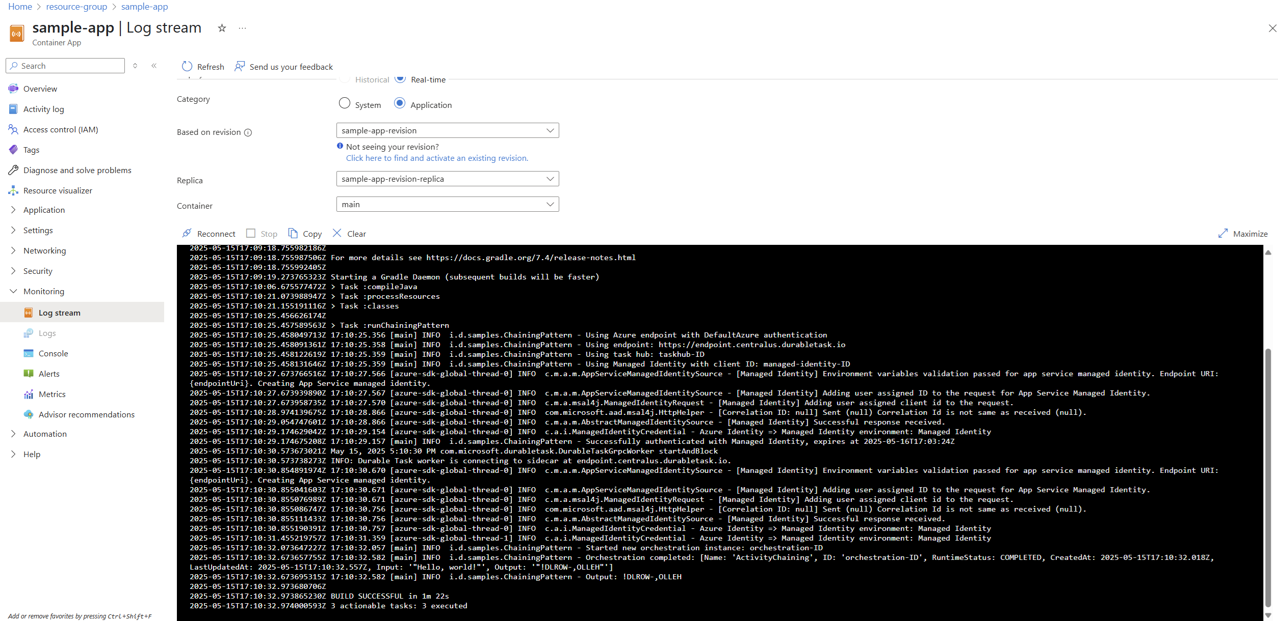 Screenshot des Protokolldatenstroms der Java-Beispiel-App im Azure-Portal.