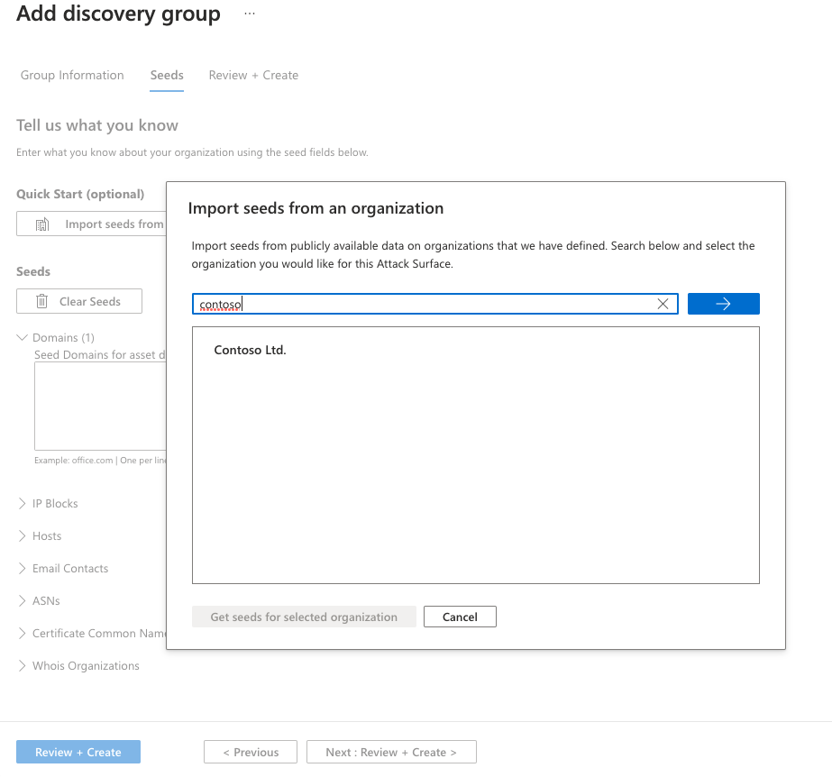 Screenshot der Auswahlseite mit vordefinierten Angriffsflächen und Ausgabe in Seedliste