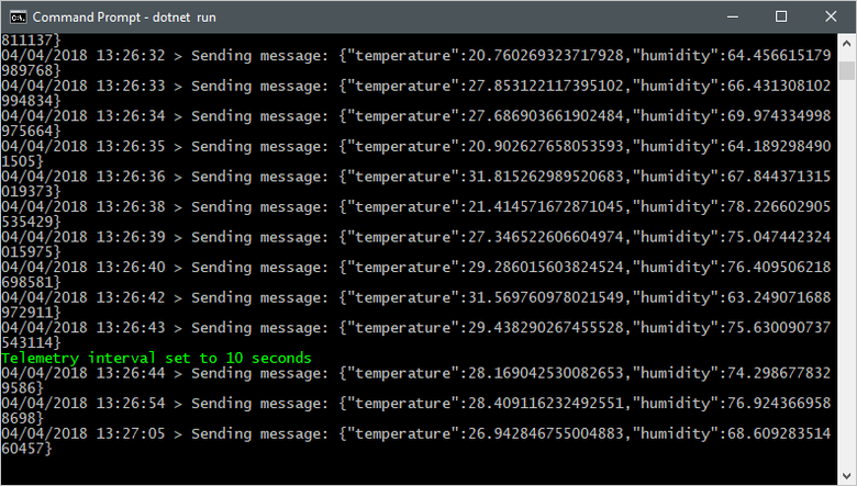 Screenshot eines Terminalfensters, in dem das Ergebnis der direkten Nachricht und die aktualisierte Ausgabe der simulierten Geräteanwendung angezeigt werden.