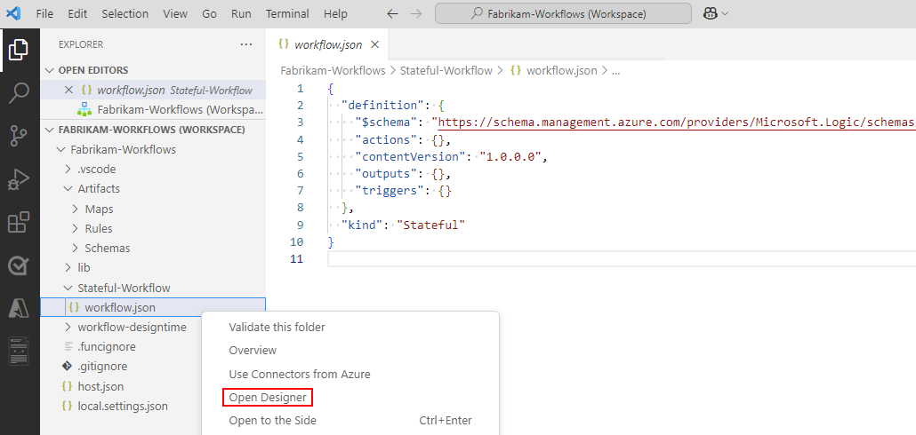Screenshot: Explorer-Bereich mit Kontextmenü für die Datei „workflow.json“ und ausgewählter Option „Designer öffnen“.
