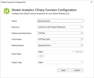 Stream Analytics C# Funktionskonfiguration Visual Studio