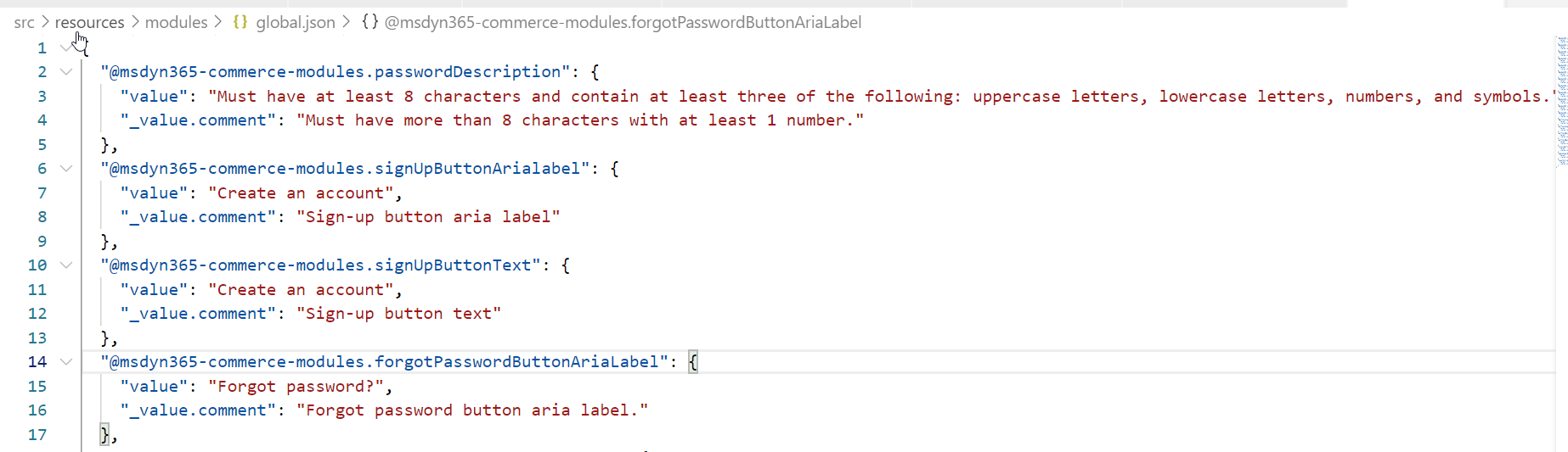 Screenshot des aktualisierten Linktexts in der global.json-Datei des Anmeldemoduls.