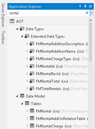 Screenshot of Application Explorer filtered on the search term Rental.