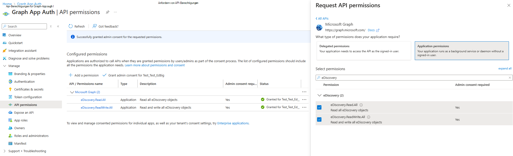 Screenshot der App-Registrierungs-API-Berechtigungsseite.