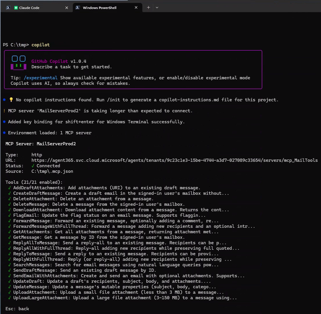 Das Bild zeigt eine Windows PowerShell-Konsolensitzung an, in der GitHub Copilot CLI für die Interaktion mit dem MCP-Server verwendet wird.